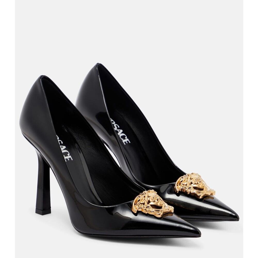 Versace Medusa 37.5/ US 7.5 Gold Black Patent Leather Pointed Toe Pump NIB $995